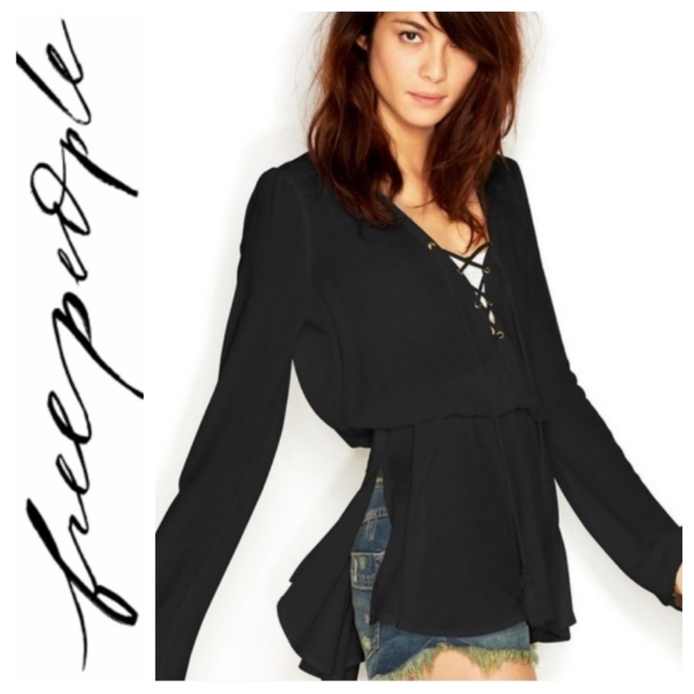 💕SALE💕 Free People Black Wildest Moment Lace Up Gathered Waist Boho Tunic Top - Picture 2 of 9